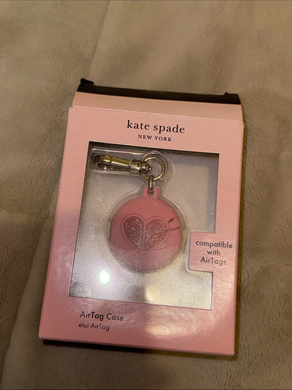 kate spade Pink Heart AirTag Case with Gold Keyring